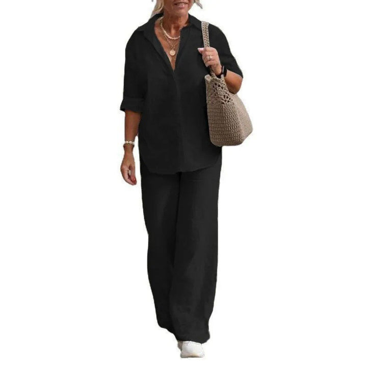 Damen Leichtes Leinen-Loungewear-Set mit offenem Hemdkragen und weiter Palazzohose Echoarchiv