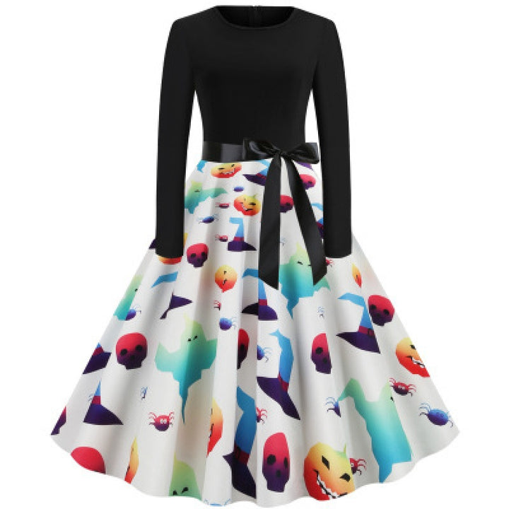 Damen Vintage Swingkleid mit Kürbisprint, langärmlig und taillierter Satinschleife – Élara