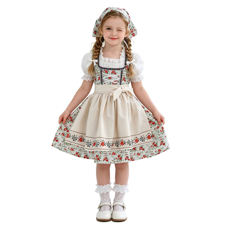 Damen nan Kinderdirndl Trachtenkleid mit Spitzenbluse Schürze und Kopftuch Echo Archiv