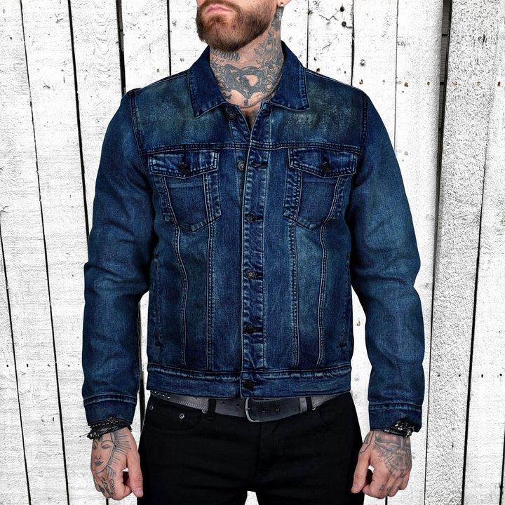Herren nan taillierte Trucker-Denimjacke mit Pattentaschen, Metallknopfleiste und kontrastierenden Nähten Echo Archiv