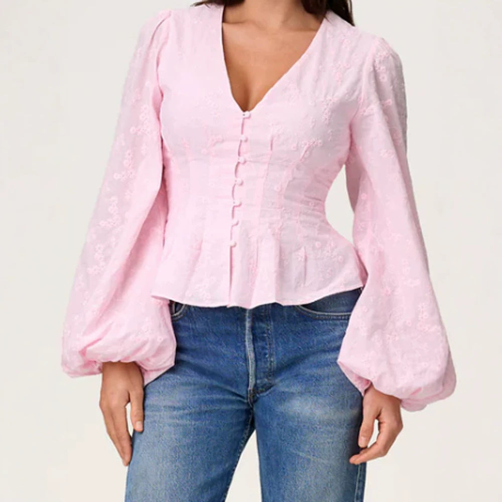 Damen Jacquard-Spitzenbluse mit tailliertem Schößchen und Ballonärmeln Echoarchiv