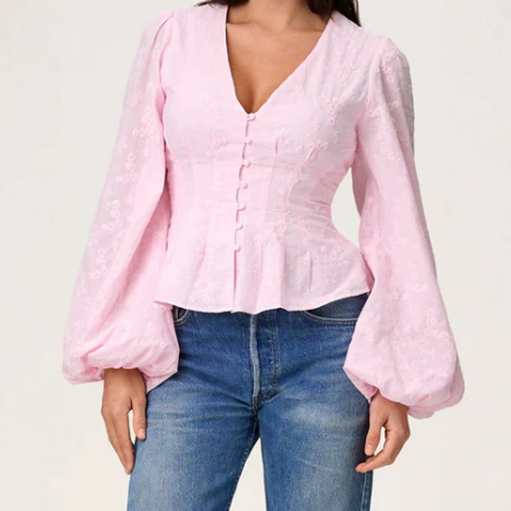 Damen Jacquard-Spitzenbluse mit tailliertem Schößchen und Ballonärmeln Echoarchiv