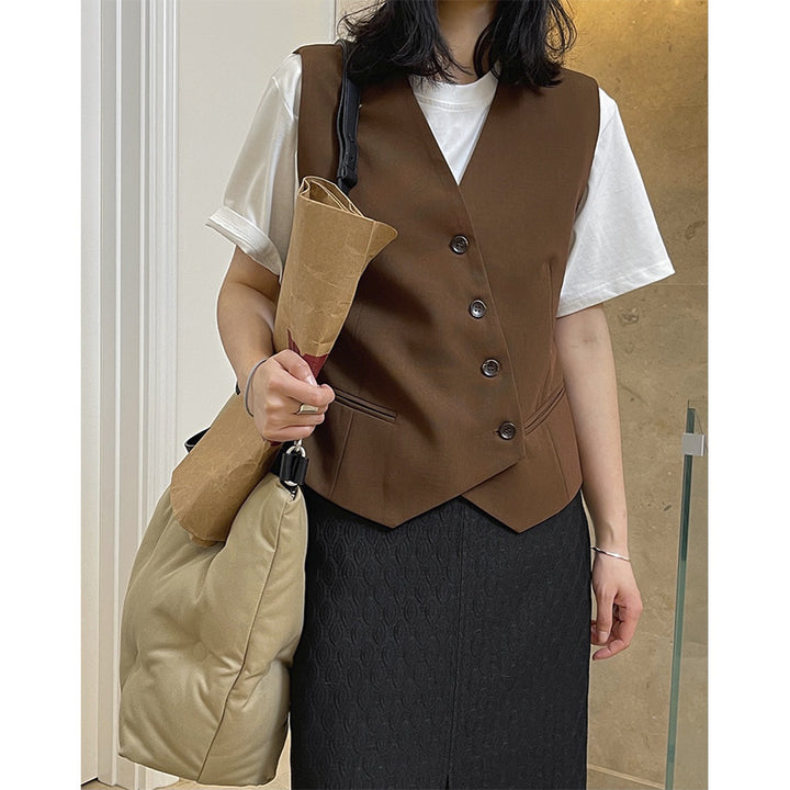 Damen Maßgeschneiderte Tailoring-Weste mit V‑Ausschnitt, vierknopfiger Front und paspelierten Eingrifftaschen Echoarchiv