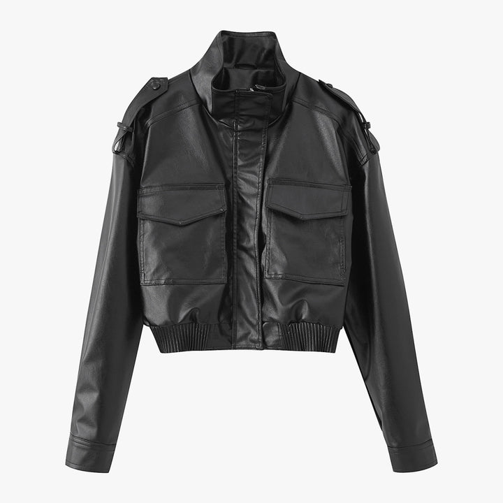 Damen Kurz geschnittene Blousonjacke aus Veganleder mit Schulterklappen und Pattentaschen Echo Archiv