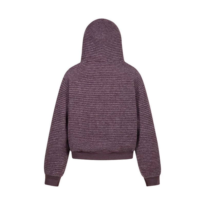 Damen Kurz geschnittene Kapuzen‑Zipjacke mit horizontalem Streifenrelief und elastischem Bund Echoarchiv