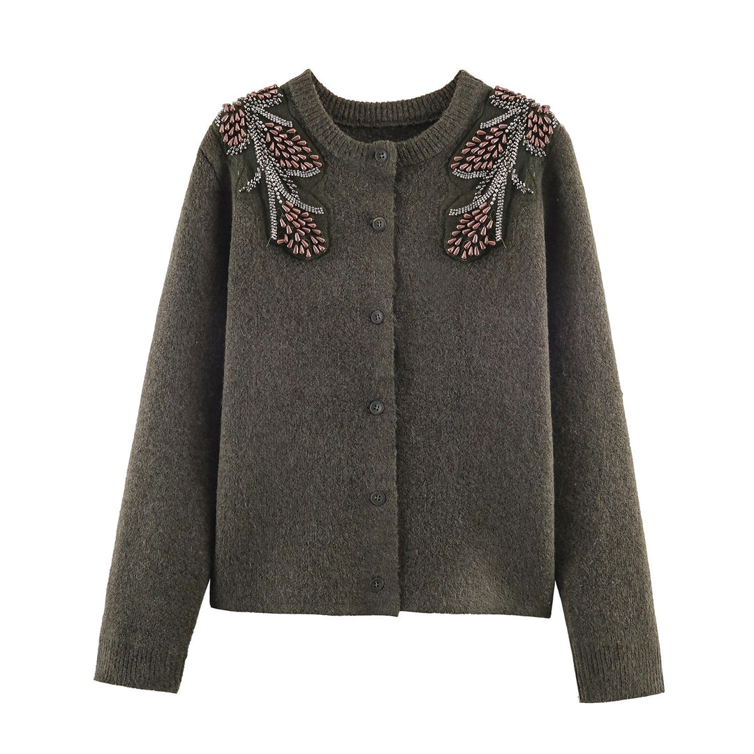 Damen Kurze Bouclé-Strickjacke mit Perlen- und Perlenapplikation an den Schultern Echoarchiv