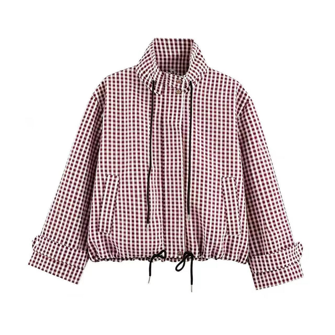 Damen Kurzjacke im Karo‑Look mit Tunnelzugsaum und hohem Stehkragen Echoarchiv