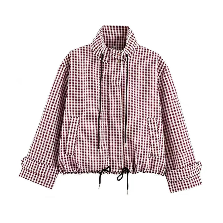 Damen Kurzjacke im Karo‑Look mit Tunnelzugsaum und hohem Stehkragen Echoarchiv