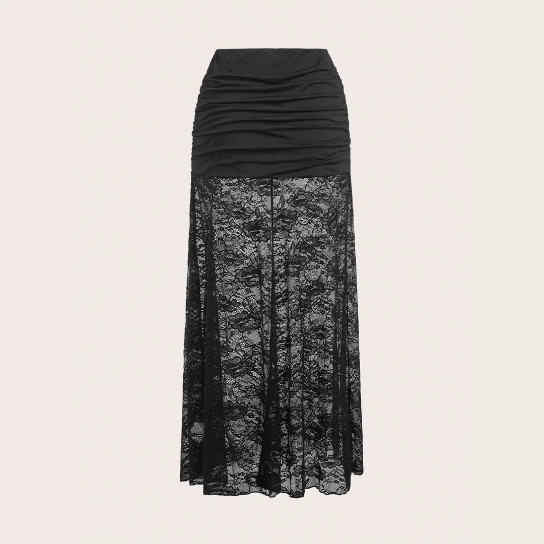Damen nan Maxirock mit gerafftem Mini-Innenslip und floralem Spitzen-Überwurf Echo Archiv