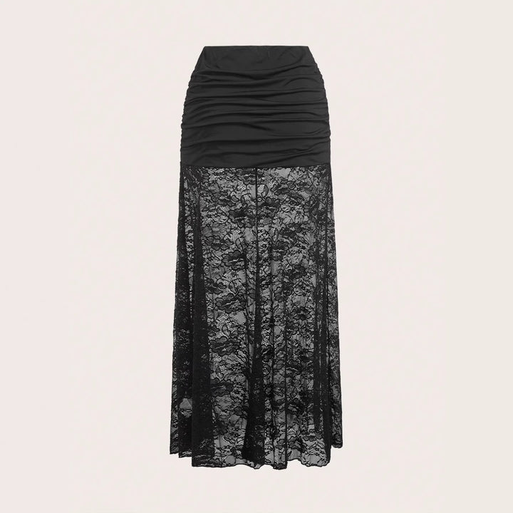 Damen nan Maxirock mit gerafftem Mini-Innenslip und floralem Spitzen-Überwurf Echo Archiv