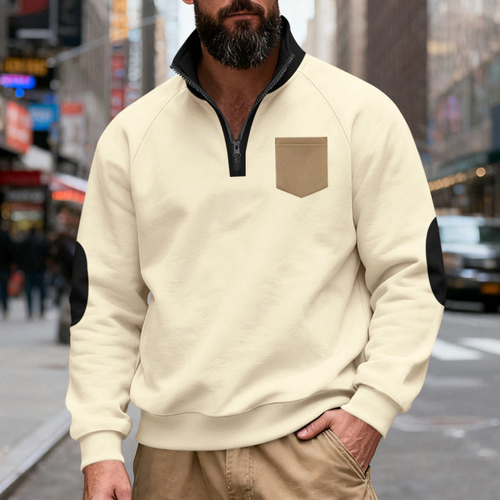 Herren nan Quarterzip-Sweatshirt mit Stehkragen, kontrastiertem Reißverschluss, Ellbogenpatches und Brusttasche Echo Archiv