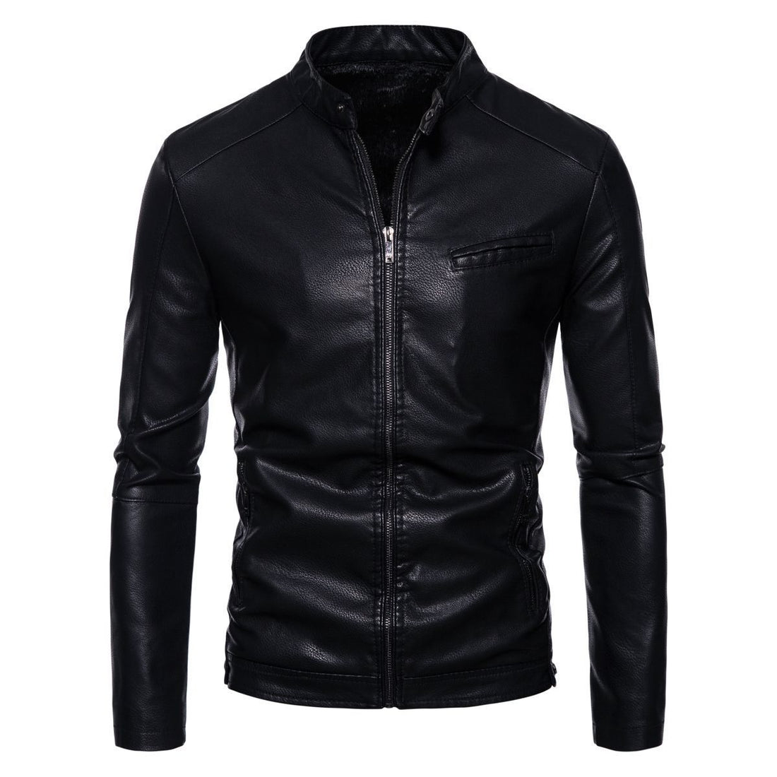 Herren Schmale Kunstleder-Bikerjacke mit Stehkragen, Innenfutter aus Kunstfell und Reißverschlusstaschen Echo Archiv