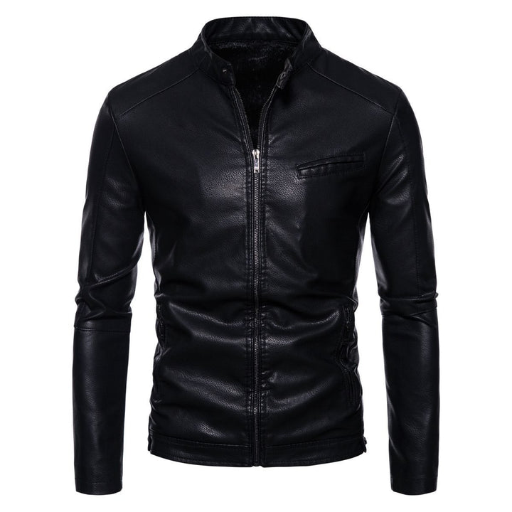 Herren Schmale Kunstleder-Bikerjacke mit Stehkragen, Innenfutter aus Kunstfell und Reißverschlusstaschen Echo Archiv
