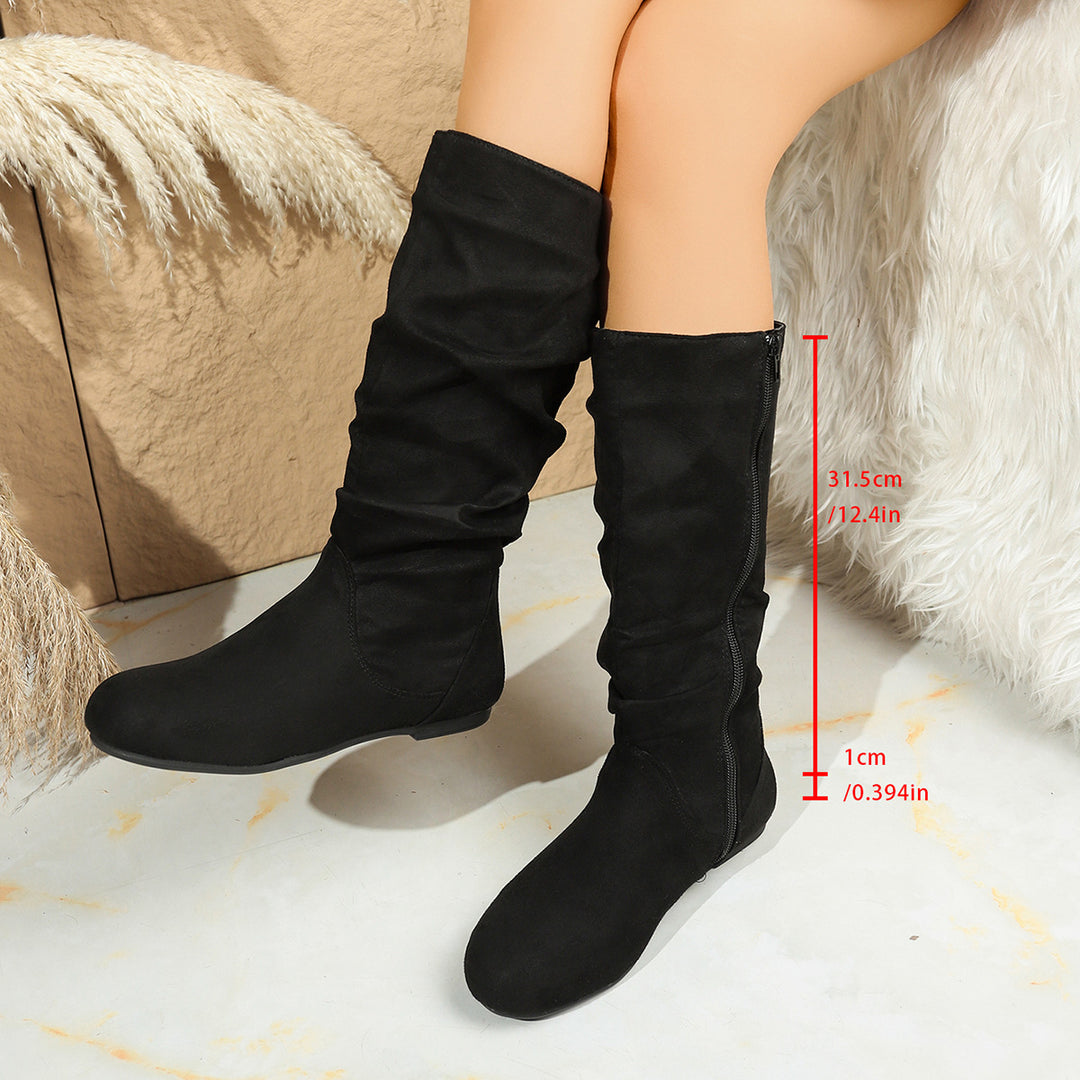 Damen Kniehohe Slouch-Stiefel aus Veloursimitat mit Innenseiten-Reißverschluss und flacher Komfortsohle Echo Archiv