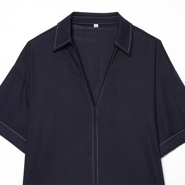 Damen Boxy‑Hemdbluse mit offenem V‑Ausschnitt, kurzem Oversize‑Arm und Kontrastnaht Echo Archiv