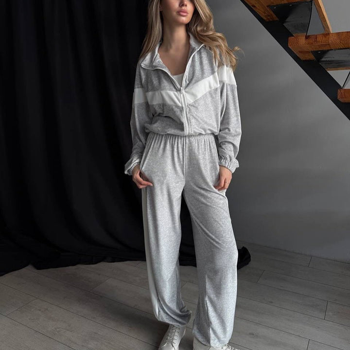 Damen leichter Komfort-Jogginganzug im Retro-Stil mit kurzem Reißverschlussoberteil und hoher Taille – Avérine