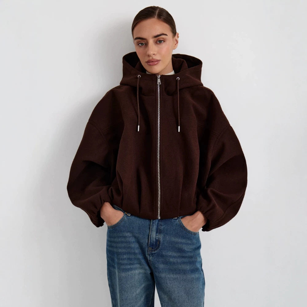 Damen Kurzjacke aus Wollmix mit Kapuze, kastiger Boxy‑Silhouette & gerafftem Saum Echoarchiv
