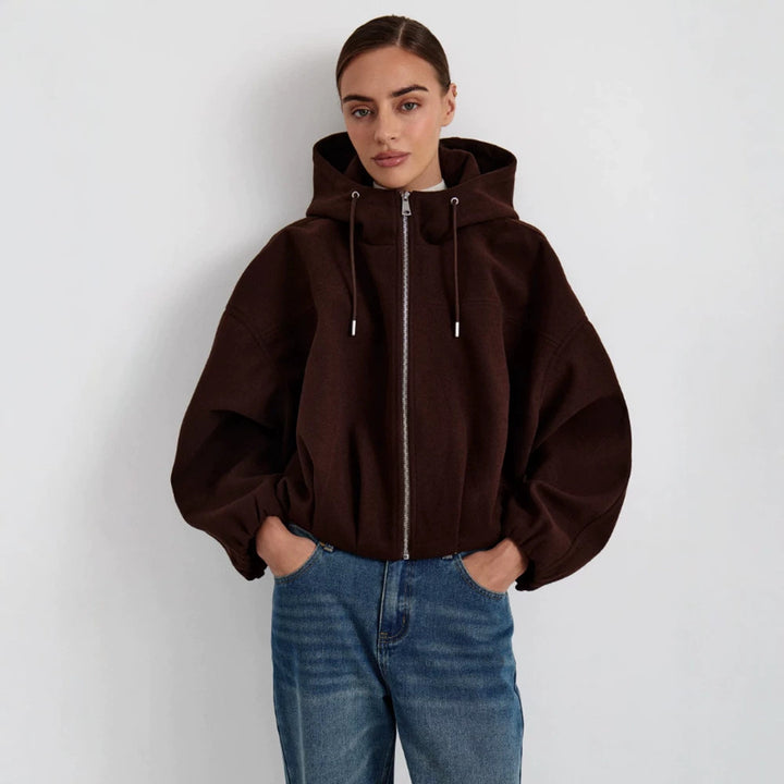Damen Kurzjacke aus Wollmix mit Kapuze, kastiger Boxy‑Silhouette & gerafftem Saum Echoarchiv