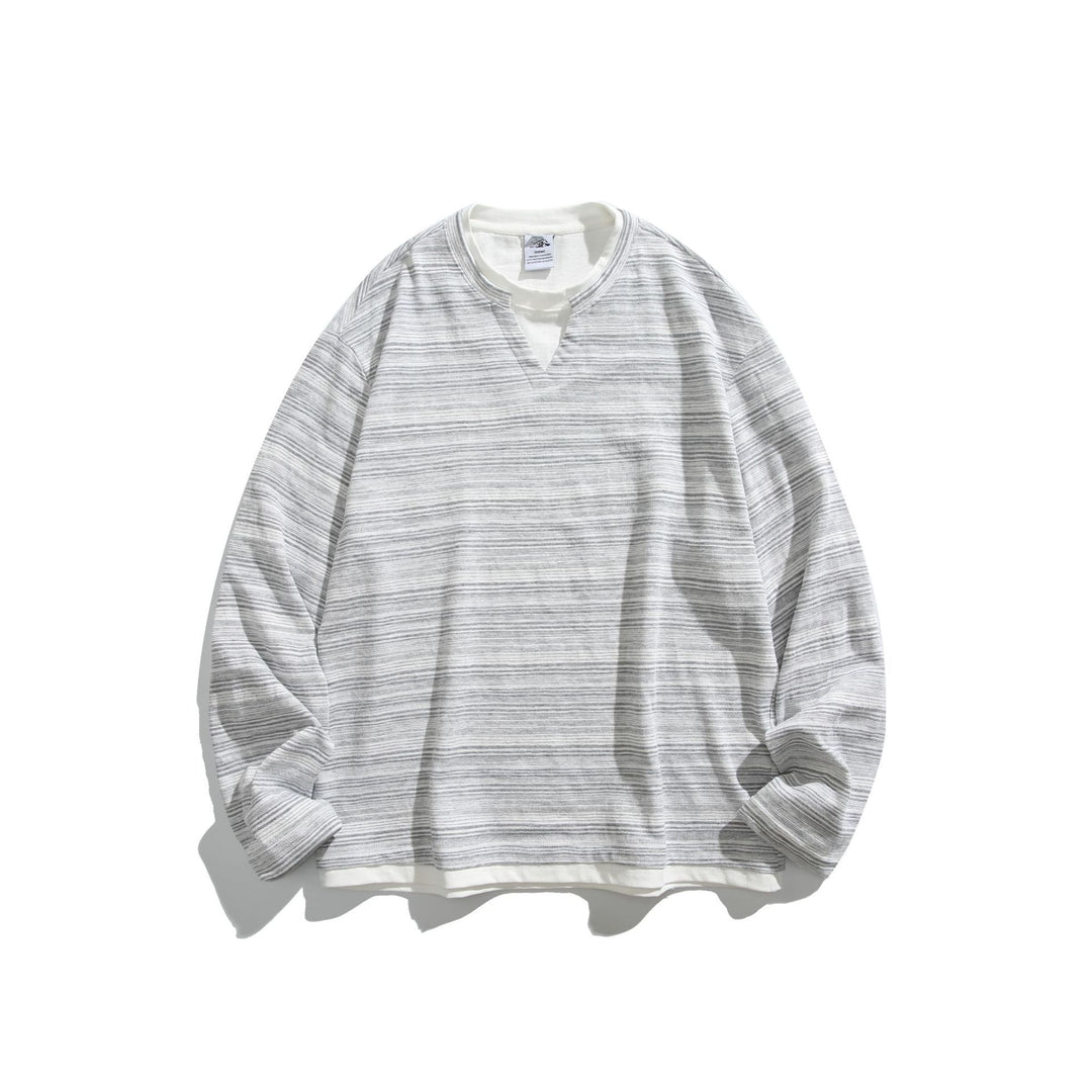 Unisex Gestreiftes Langarmshirt mit V-Notch und Lagen-Effekt Echoarchiv