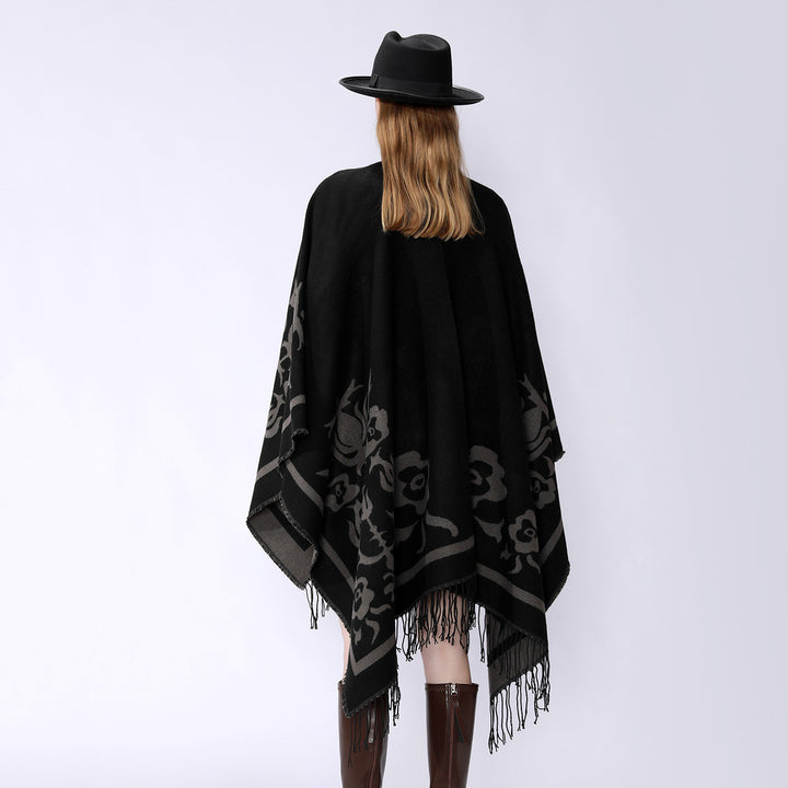 Damen Umhangponcho mit floralen Jacquard-Panels und Fransensaum – Célinea
