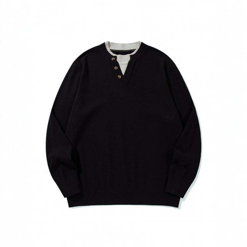 Unisex Strickpullover mit Henley-Knopfleiste, Kontrastkragen und Boxy‑Schnitt Echo Archiv