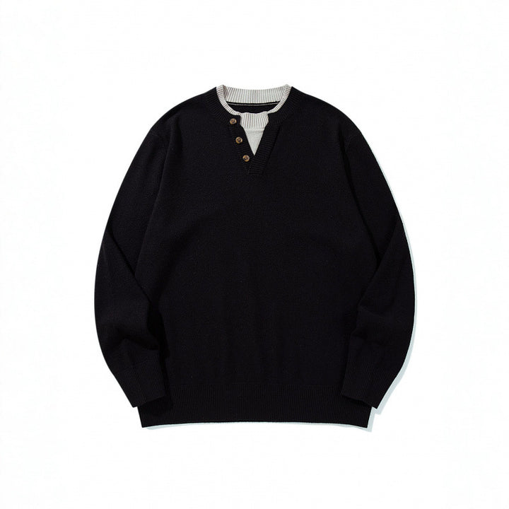 Unisex Strickpullover mit Henley-Knopfleiste, Kontrastkragen und Boxy‑Schnitt Echo Archiv