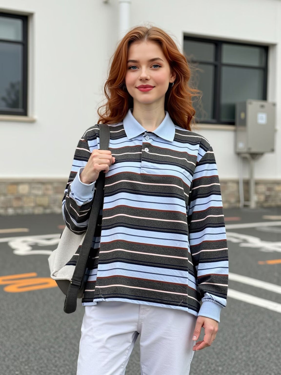 Damen Gestreiftes Poloshirt‑Sweatshirt aus Baumwollmix mit Kontrastkragen und gerippten Bündchen Echoarchiv