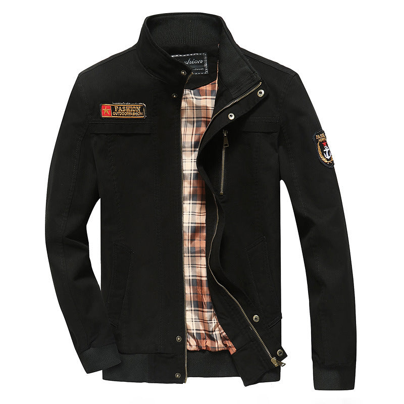 Herren Canvas-Bomberjacke mit kariertem Innenfutter, Stehkragen und Abzeichenapplikationen – Brevano