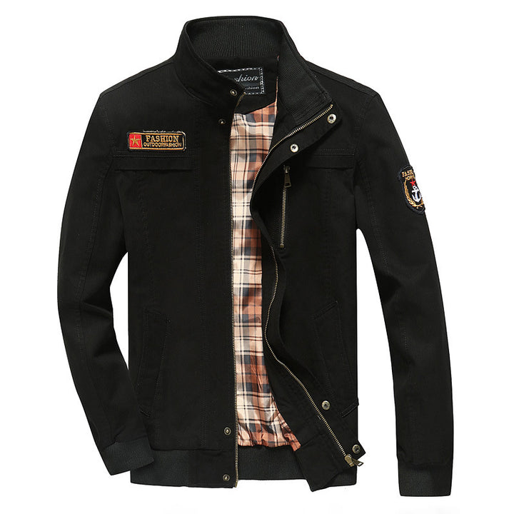 Herren Canvas-Bomberjacke mit kariertem Innenfutter, Stehkragen und Abzeichenapplikationen – Brevano