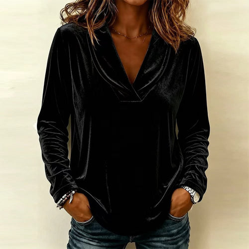 Damen Velours-Longsleeve mit tiefem Schalkragen und gerundetem Saum Echo Archiv