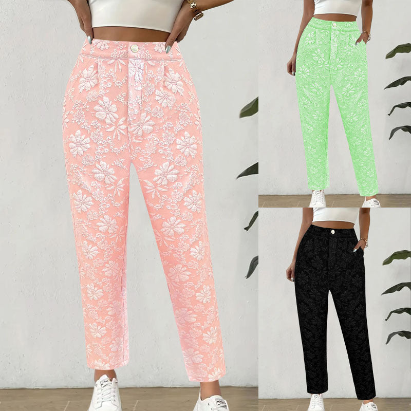 Damen Hochtaillierte Bundfalten‑Hose mit floralem Jacquard und geradem Bein – Avélisse