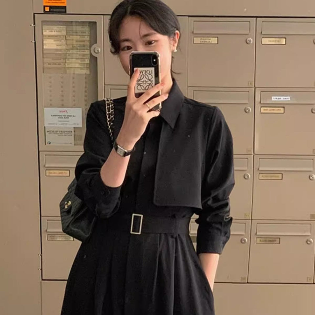 Damen Modernes Hemdblusen-Maxikleid mit taillierendem Stoffgürtel und weitem Tellerrock Echoarchiv