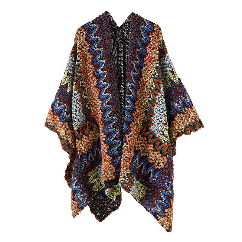 Damen Grobgestrickter Ethno-Ruana-Poncho mit Zickzack‑Jacquard und offenem Fall Echo Archiv