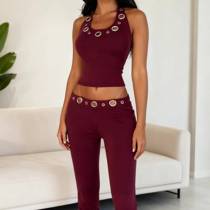 Damen modisches Oberteil und lässige Hose Set mit dekorativen Ösen Echo Archiv