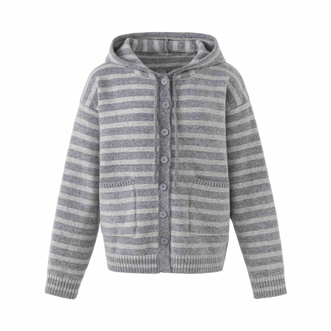 Damen Kapuzenstrickjacke mit Knopfleiste und Blockstreifen Echoarchiv