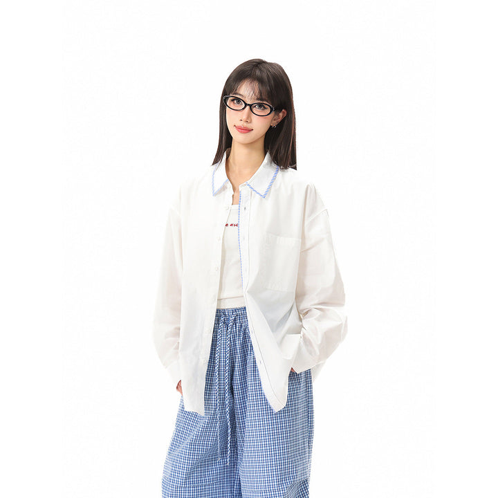 Damen Oversize-Hemdbluse mit kontrastierter Kragenpaspel und Brusttasche Echoarchiv