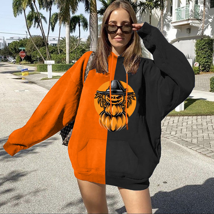 Damen Oversize Kapuzenpullover mit Halloween Kürbisdruck und Kängurutasche – Auréline