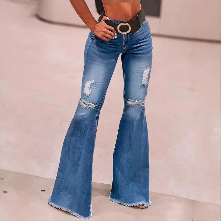 Damen hochgeschnittene Schlaghose aus Stretch-Denim mit ausgestelltem Bein, Knie-Rips und ausgefranstem Saum Echo Archiv