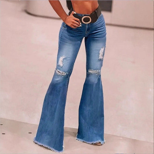 Damen hochgeschnittene Schlaghose aus Stretch-Denim mit ausgestelltem Bein, Knie-Rips und ausgefranstem Saum Echo Archiv