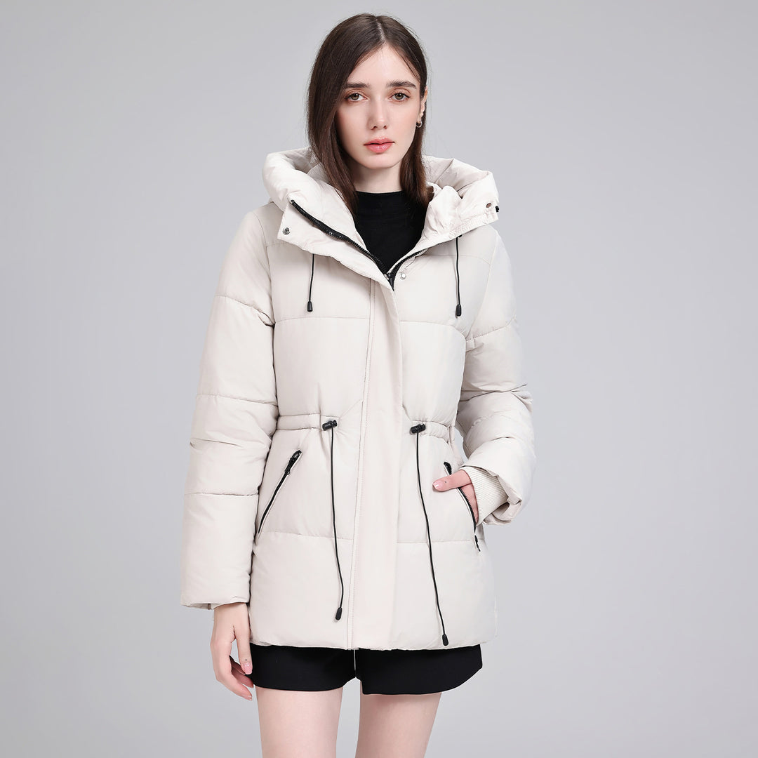 Damen Wattierter Mid‑Length Parka mit Kapuze, Taillenzug und Reißverschlusstaschen Echo Archiv