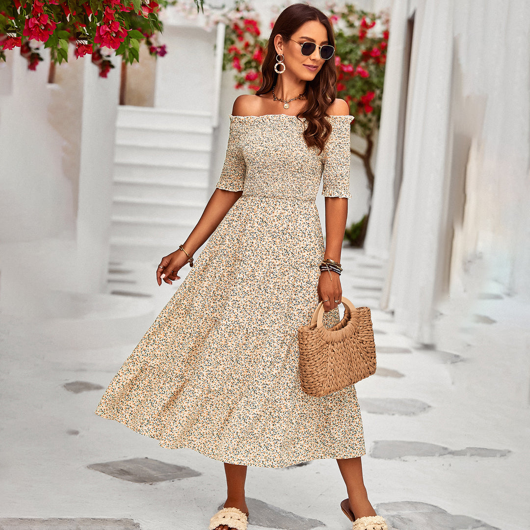 Damen Off-Shoulder Maxikleid mit floralem Design und schwingendem Saum Echo Archiv