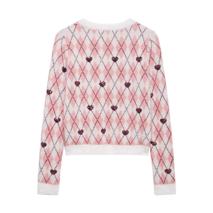 Damen nan verspielter Argyle-Strickpullover mit Paillettenherzen und Rundhalsausschnitt Echo Archiv