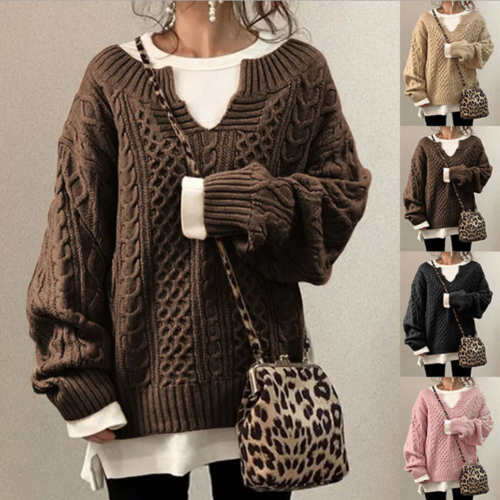 Damen nan weit geschnittener Strickpullover mit Zopfmuster und V-Ausschnitt Echo Archiv