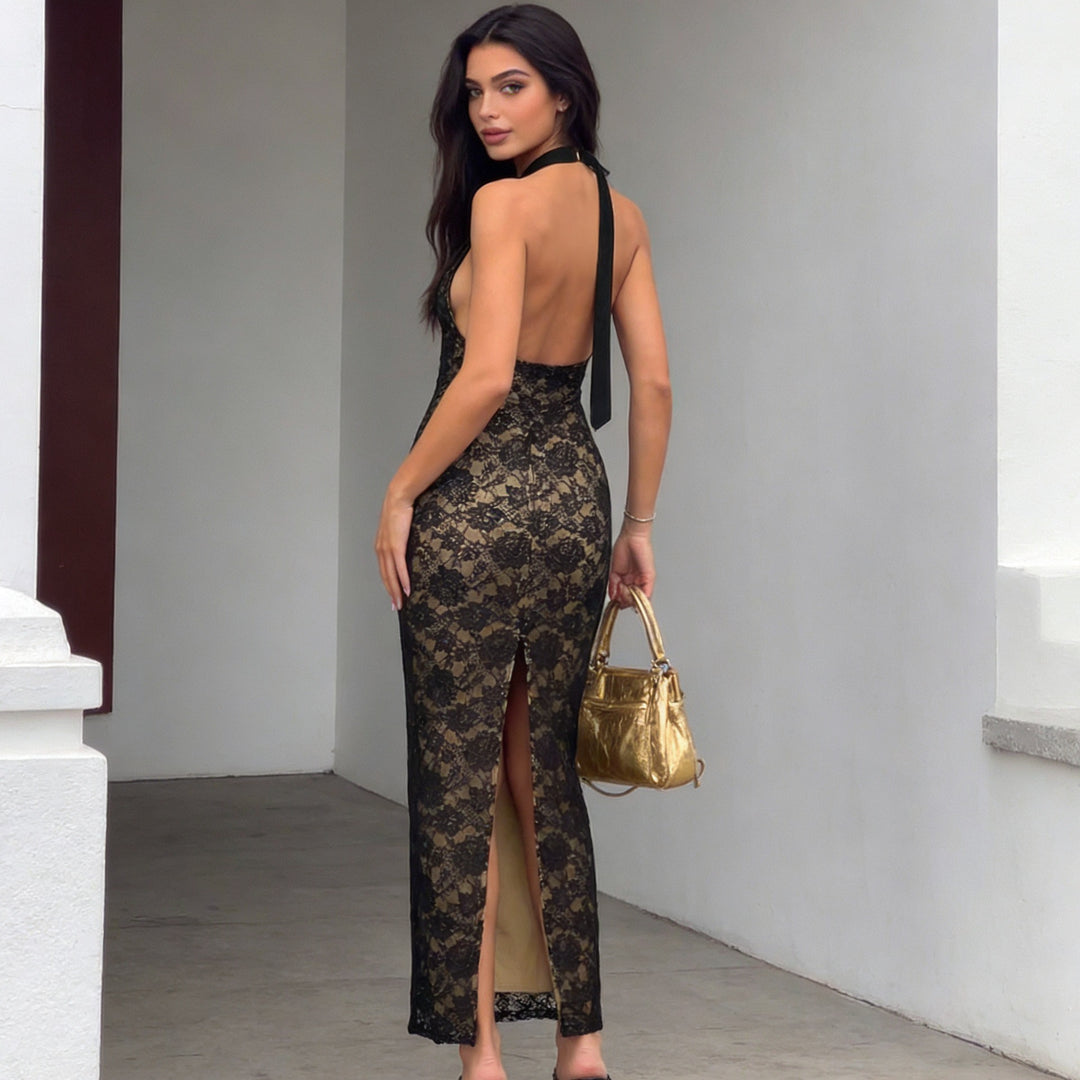 Damen Elegantes Spitzenabendkleid mit schmalem Kragen und transparenten Einsätzen Echo Archiv