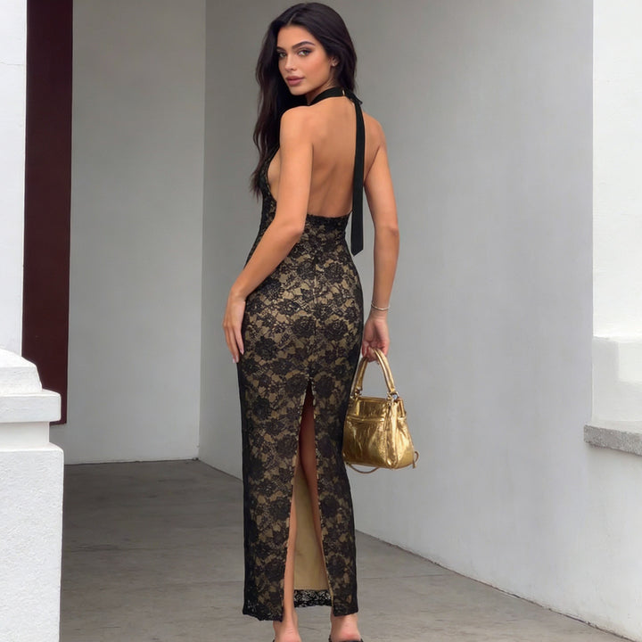 Damen Elegantes Spitzenabendkleid mit schmalem Kragen und transparenten Einsätzen Echo Archiv