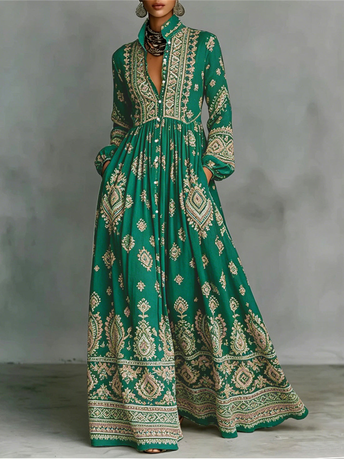 Damen Boho-Maxi-Hemdkleid mit Stickbordüren, hoher Stehkragen und Taschen – Valéora