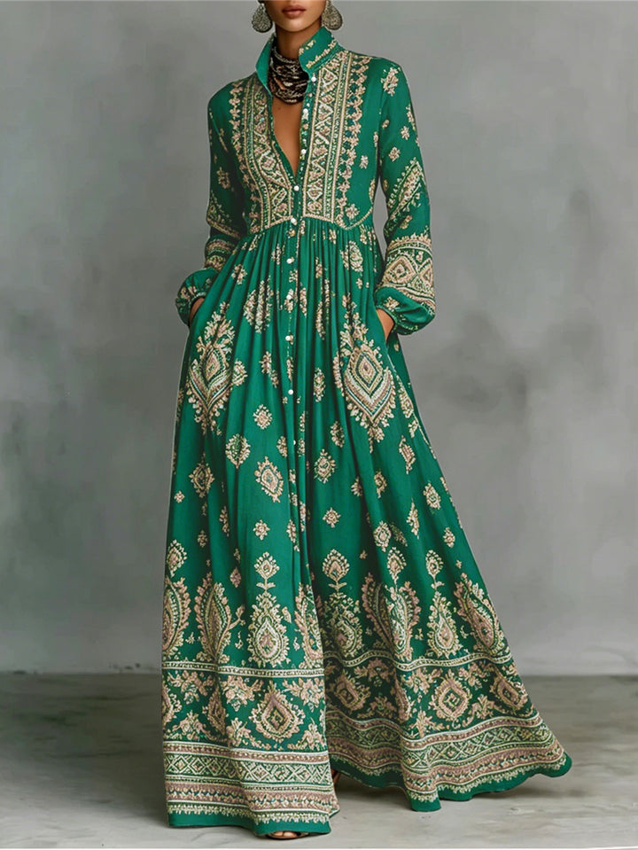 Damen Boho-Maxi-Hemdkleid mit Stickbordüren, hoher Stehkragen und Taschen Echoarchiv
