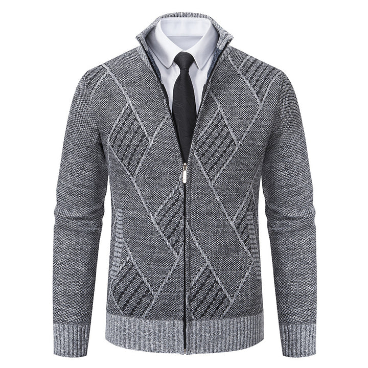 Herren Feinstrick-Zipjacke mit strukturierter Rautenoptik, Stehkragen und durchgehendem Reißverschluss Echo Archiv