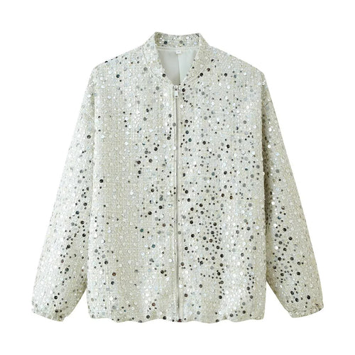 Damen schimmernde Pailletten-Boxy-Jacke mit Stehkragen, verdecktem Reißverschluss und elastischen Bündchen – Célinea
