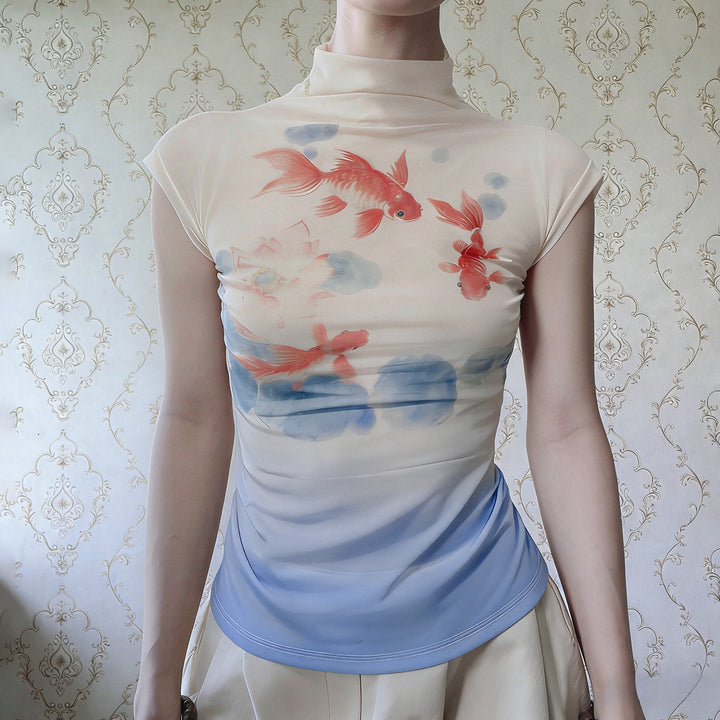 Damen Kurzarmshirt mit floralem Motiv und hochgeschlossenem Kragen Echo Archiv